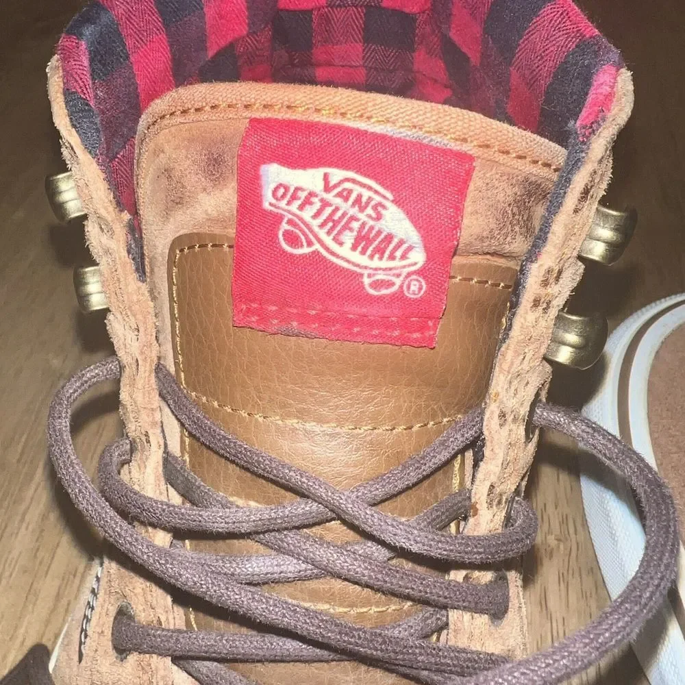 Vans Tan Suede High-Top Sneakers with Red Plaid Lining